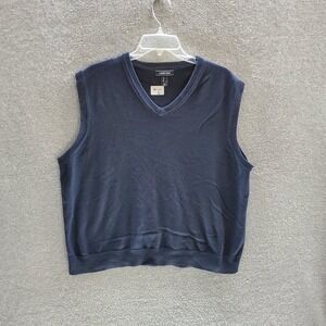 Lands End‎ Men Sweater Large Navy Vest V Neck Pullover Sleeveless